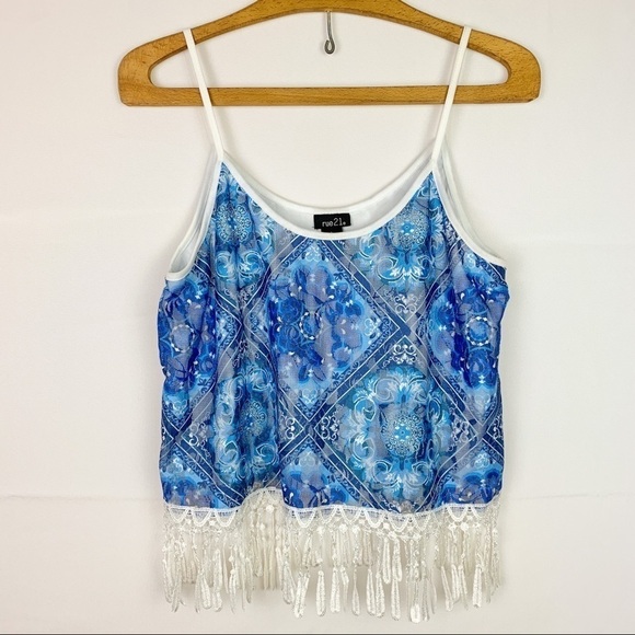 Rue 21 Patterned Blue Lace Trim Tank Top - Picture 1 of 4